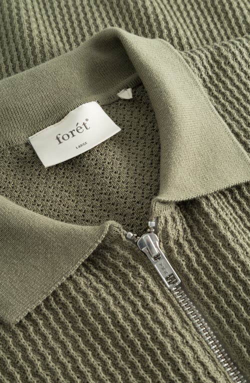 Shop Forét Foret Moment Half Zip Organic Cotton Polo Sweater In Dusty Olive