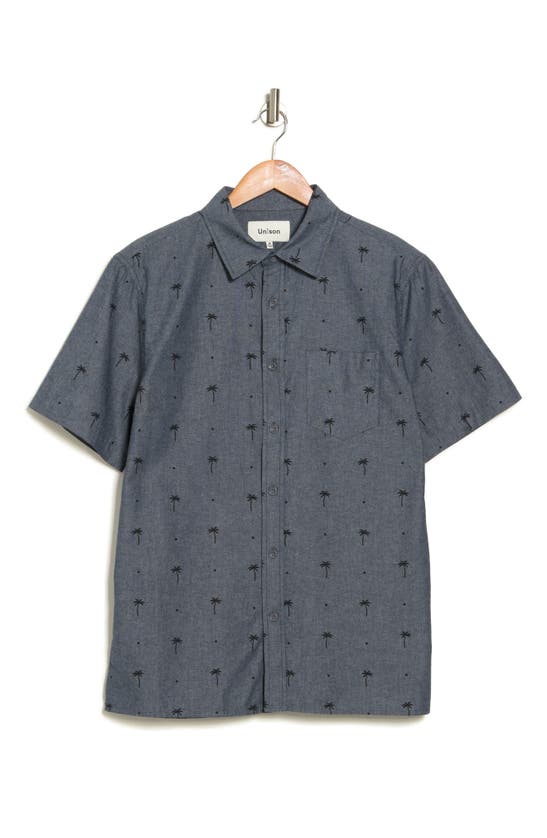 Create Unison Palm Print Linen & Cotton Button-up Shirt In Dk Chambray Print