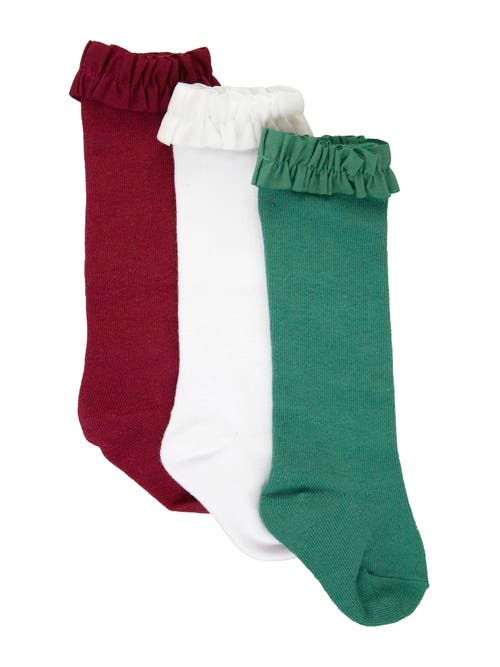 Rufflebutts Toddler Girls 3-pack Knee High Socks In Dark Cherry/white/fir Green