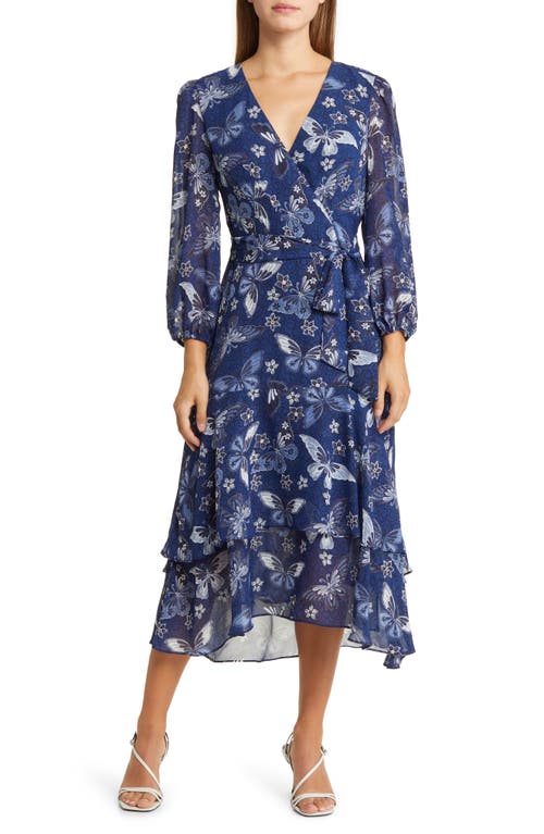 Floral Long Sleeve Faux Wrap Midi Dress in Navy