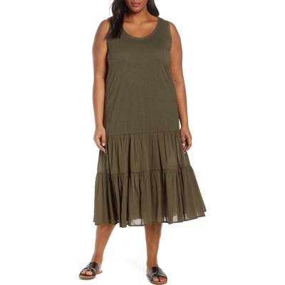 Plus Size Caslon Mix Media Drop Waist Midi Dress, Green