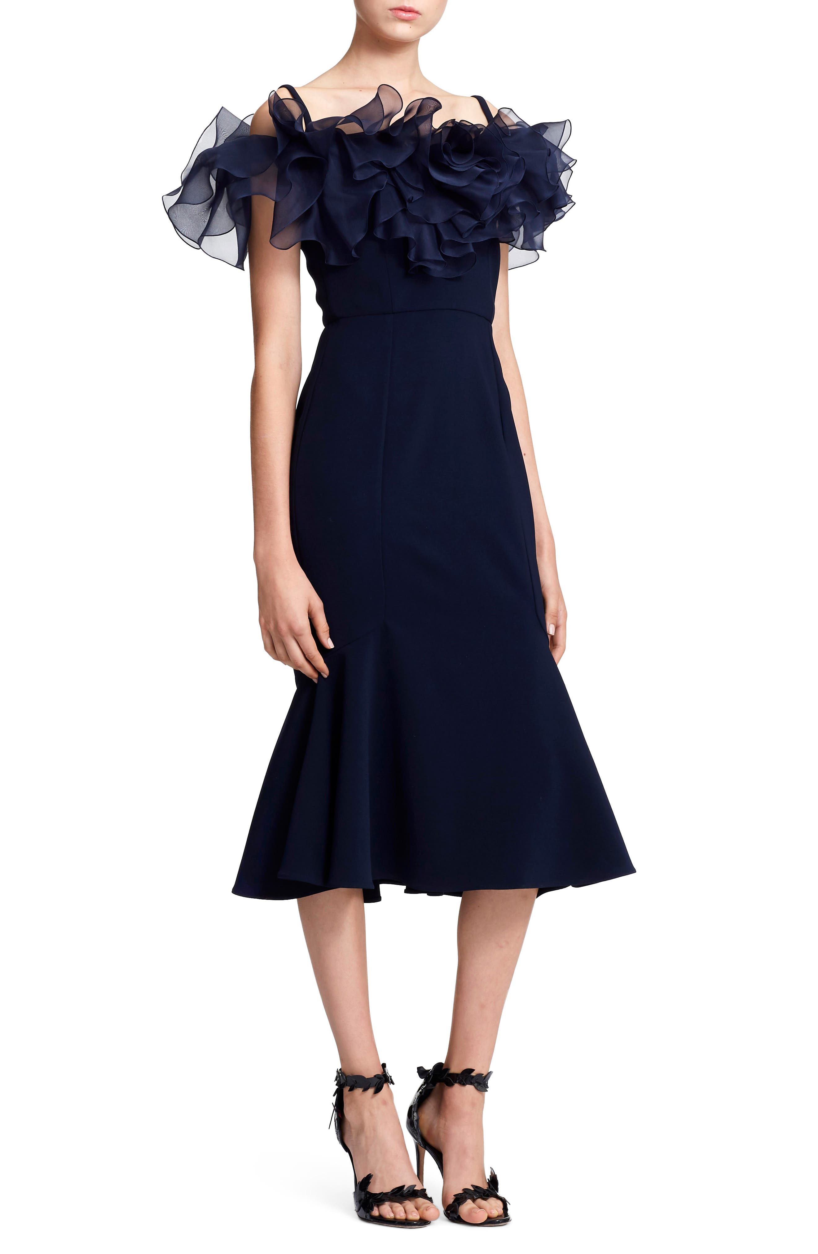 Marchesa Organza Ruffle Neck Trumpet Evening Dress, Blue