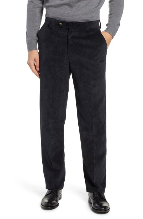 Classic Fit Flat Front Corduroy Trousers in Black