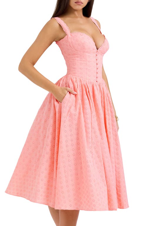 Shop House Of Cb Adalyn Eyelet Corset Midi Dress In Peach Pearl