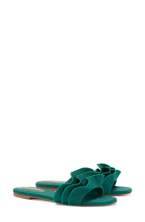 Larroudé Ivy Ruffle Raffia Slide Sandal in Emerald