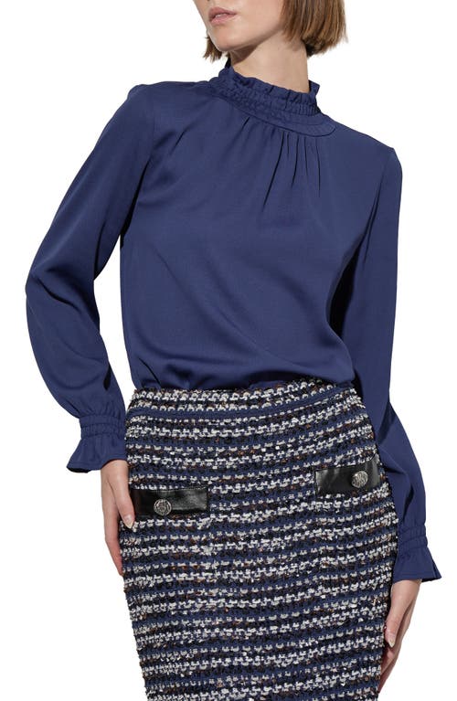Ming Wang Smocked Trim Crêpe De Chine Charmeuse Top In Regatta