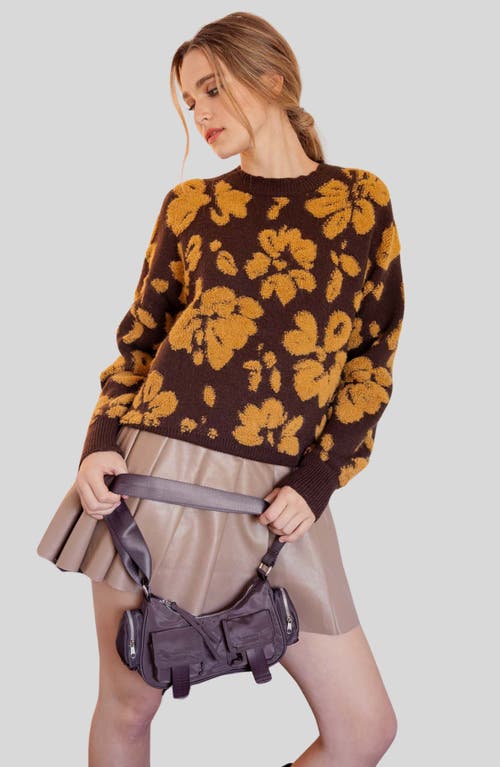 Blu Pepper Floral Distressed Terry Sweater In Brown