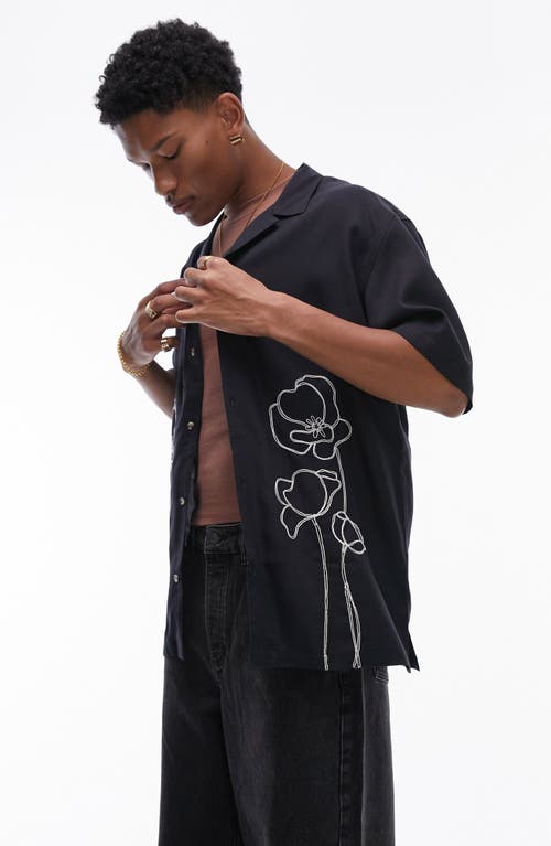 Floral Embroidered Camp Shirt in Black