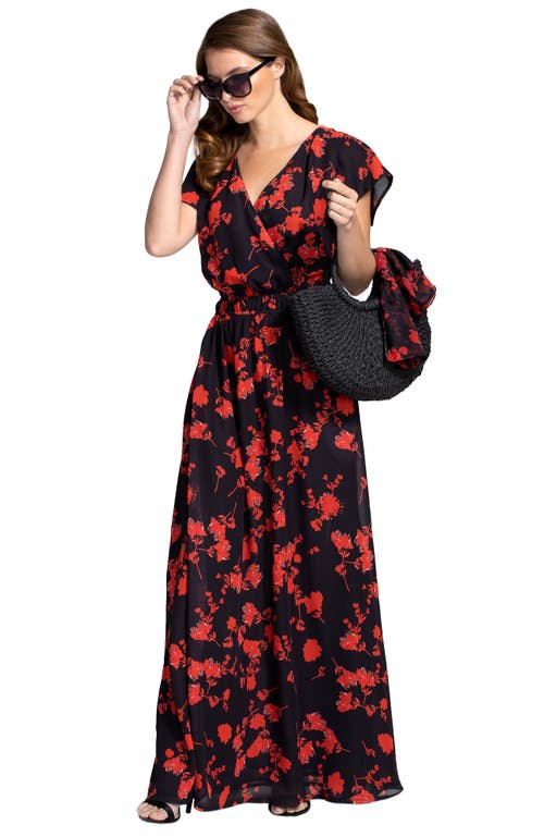 Hotsquash London Clothing Chiffon Wrap Top Maxi Dress In Black And Red Flower