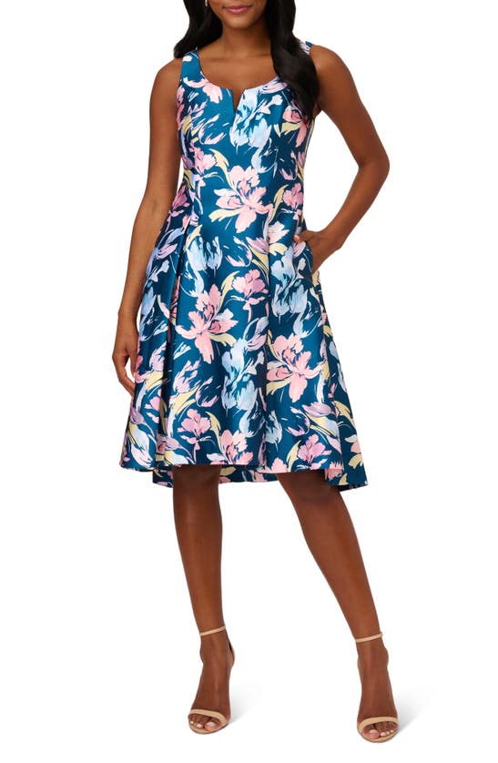 ADRIANNA PAPELL WATERCOLOR FLORAL FIT & FLARE DRESS