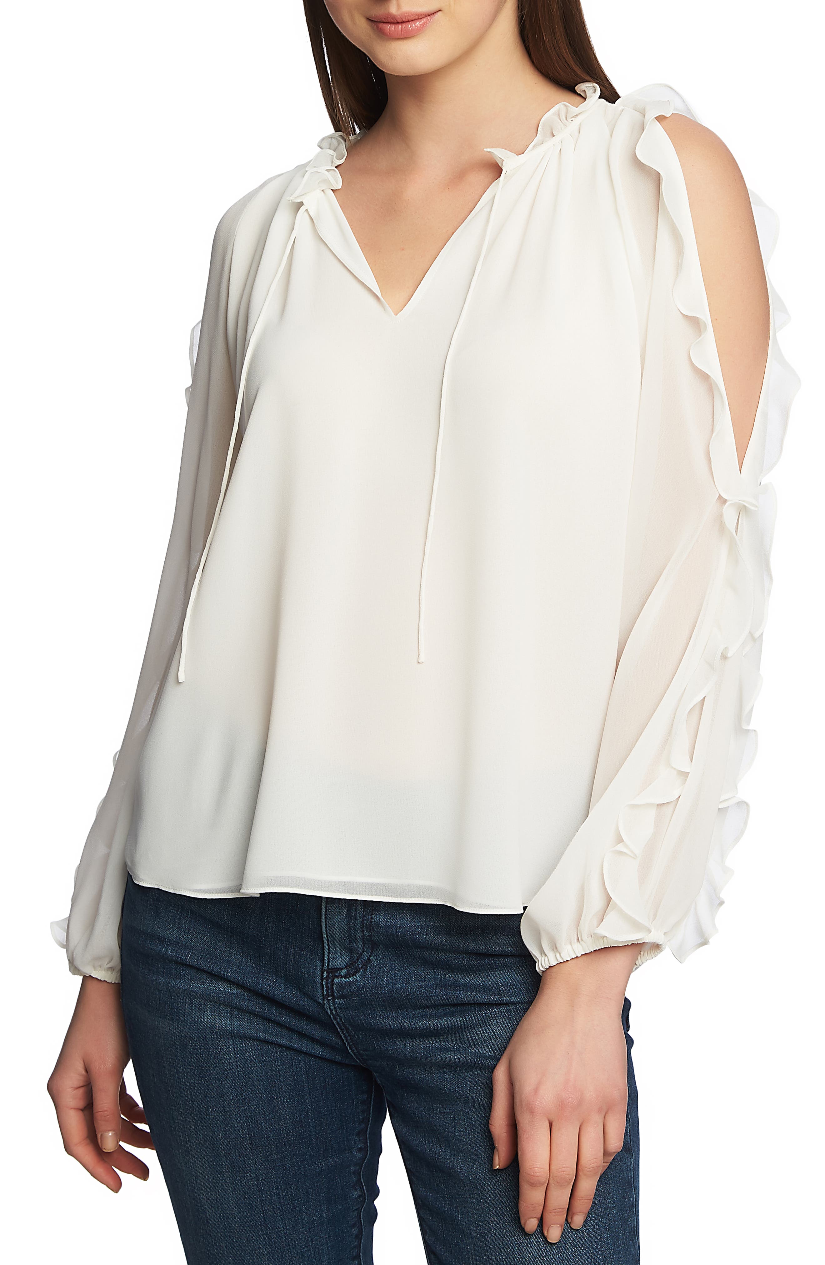 white ruffle cold shoulder top