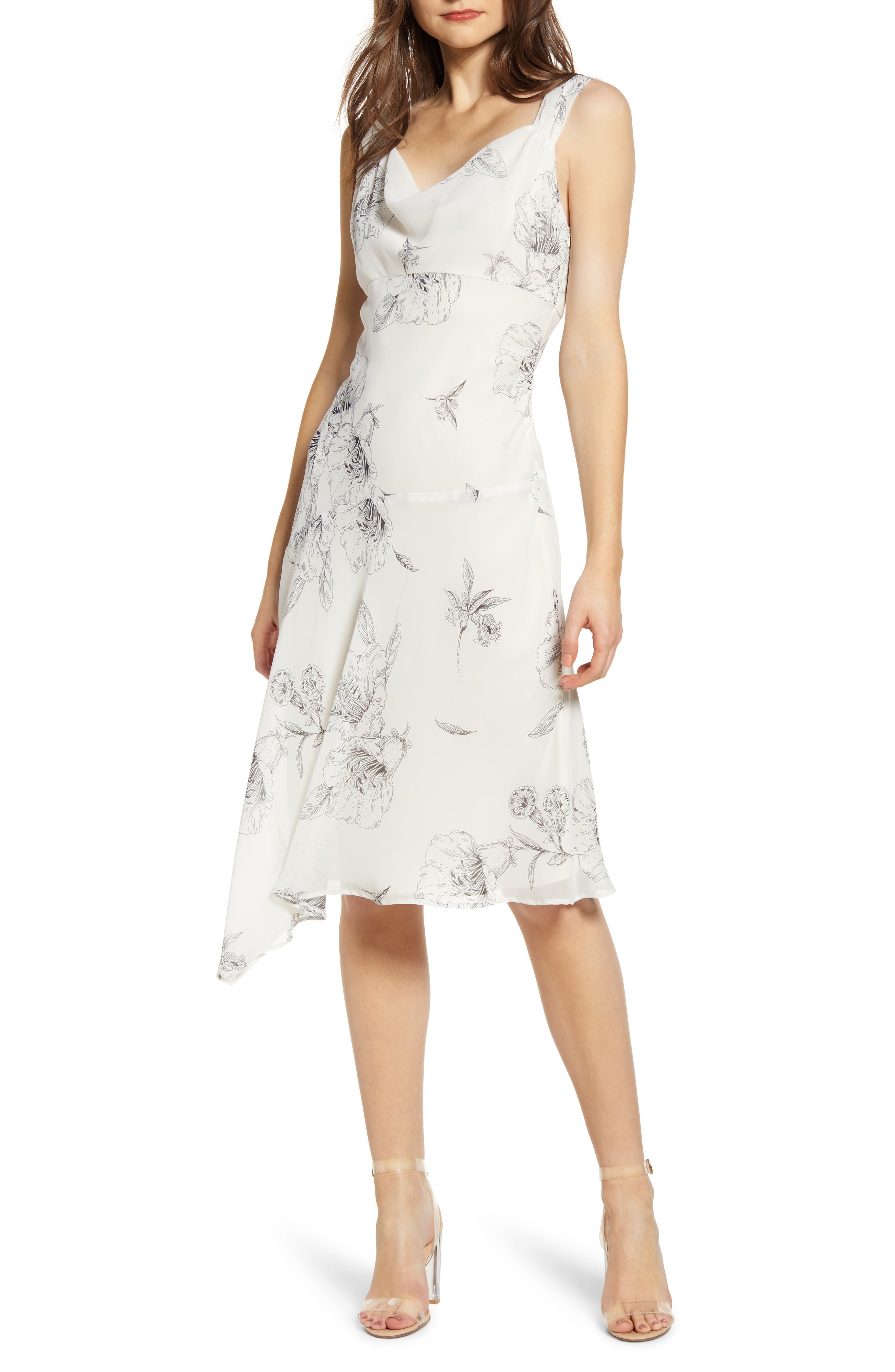 Leith Floral Asymmetrical Cowl Neck Dress, Ivory