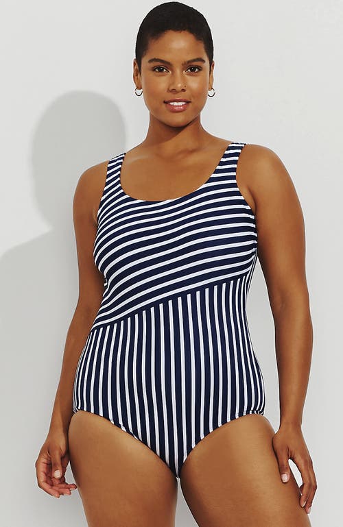 Shop Lands' End Plus Size Chlorine Resistant Soft Cup Tugless Sporty One Piece Swimsuit In Deep Sea/white Media Stripe