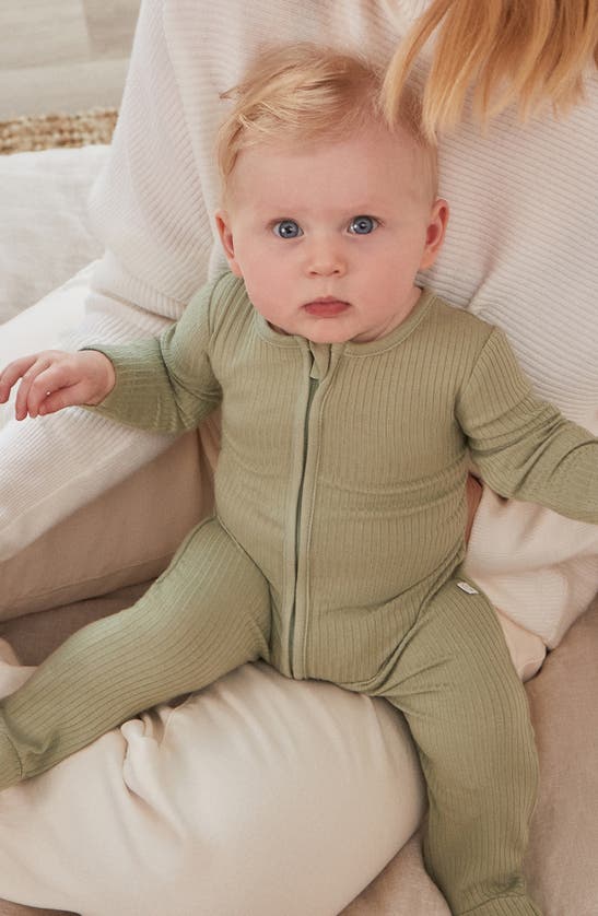 Mori Rib Fitted One-piece Footie Pajamas In Ribbed Sage