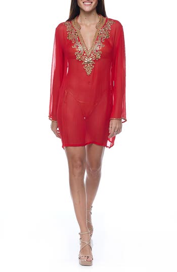 Ranee's Ranees Embellished Long Sleeve Tunic In Red