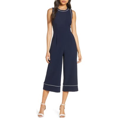 Eliza J Piped Crepe Crop Jumpsuit, Blue