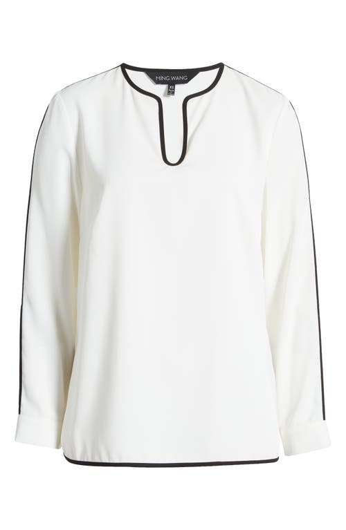 Ming Wang Split Sleeve Crêpe De Chine Blouse In White/black