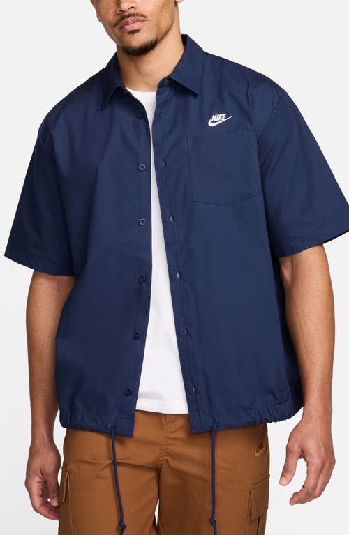 Shop Nike Club Venice Short Sleeve Drawstring Hem Cotton Button-up Shirt In Midnight Navy/white