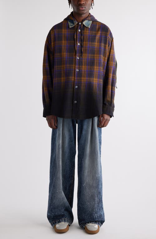 Shop Acne Studios Flannel & Denim Hooded Button-up Shirt In Purple/brown