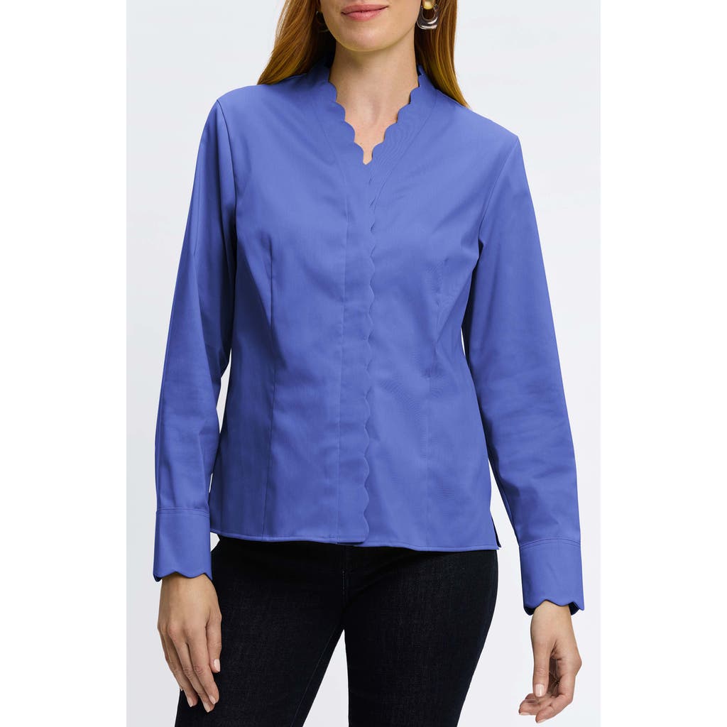 Foxcroft Bridget Scalloped Matte Sateen Button-up Shirt In Lapis