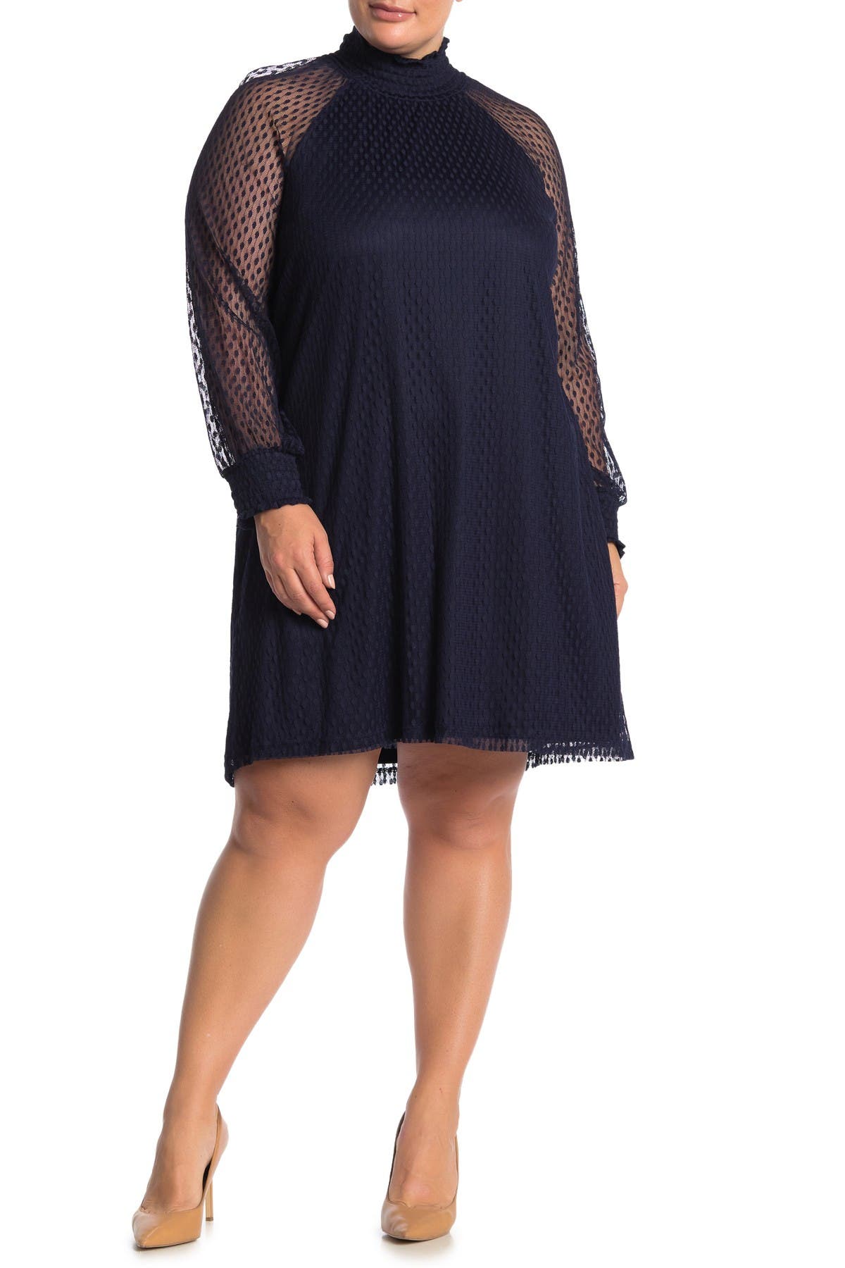 women's nina leonard lace mockneck trapeze dress