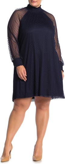 Trapeze Dress Nina Leonard Shirred Mock Neck Lace knee length NWT