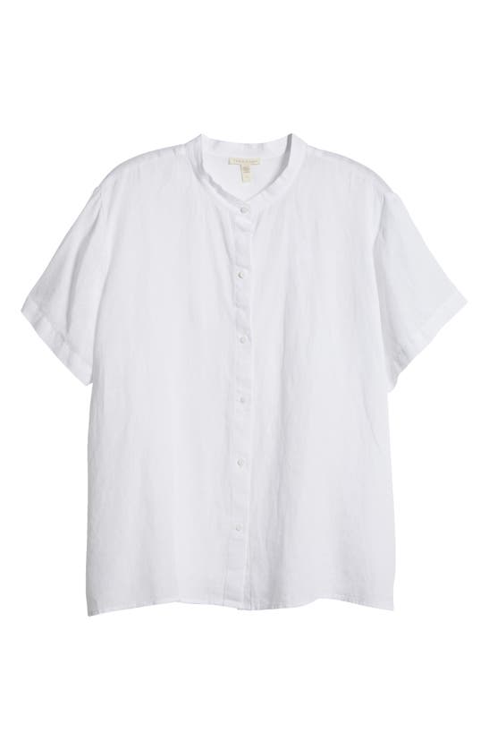 Shop Eileen Fisher Band Collar Short Sleeve Organic Linen Button-up Shirt In White