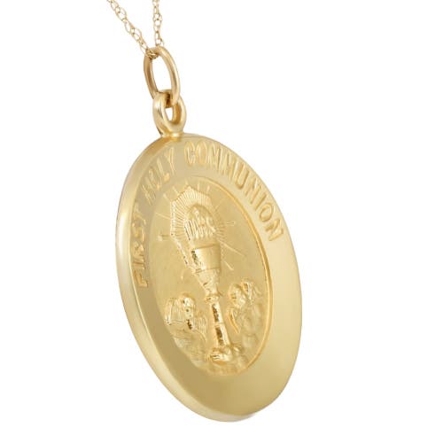 Bliss Diamond 14k Gold First Holy Communion Medal Pendant 1" Tall 4 Grams In Yellow Gold