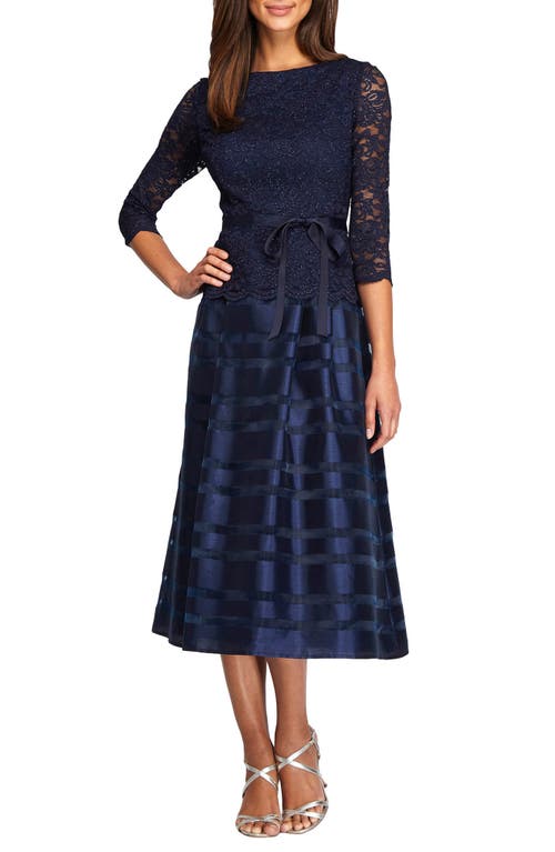 Alex Evenings Mixed Media Fit & Flare Dress Navy at Nordstrom