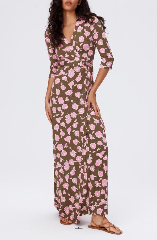 Shop Dvf Abigail Floral Silk Wrap Maxi Dress In Rose Showers Khaki Lg