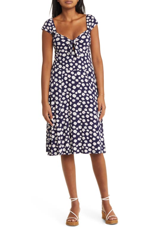 Loveappella Floral Tie Front Cap Sleeve A-Line Dress Navy at Nordstrom,