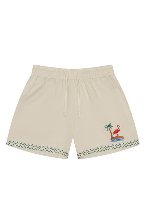 Flamingo Beach Drawstring Shorts in White Multi