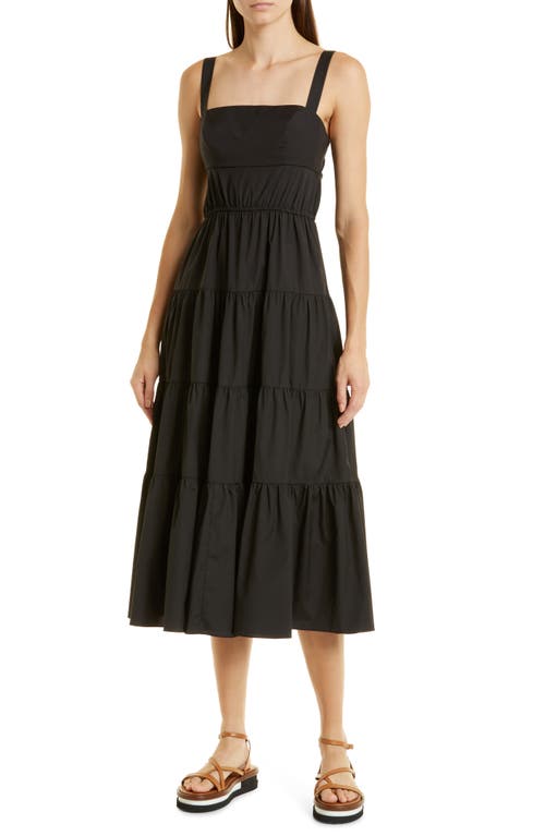 Tiered Cotton Blend Fit & Flare Midi Dress in Black