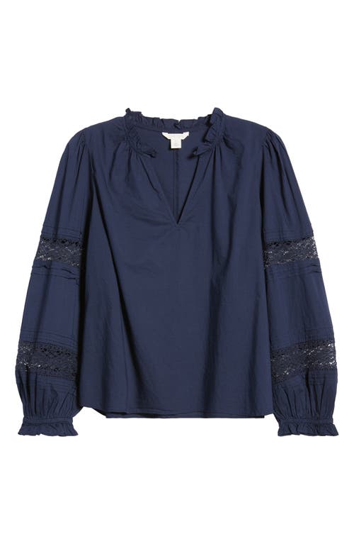 Shop Caslonr Caslon(r) Lace Inset Long Sleeve Cotton Top In Navy Blazer