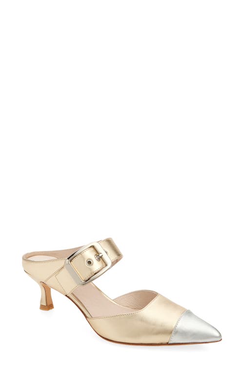 Shop Koko + Palenki Paloma Pointed Cap Toe Kitten Heel Mule In Gold Metallic Leather