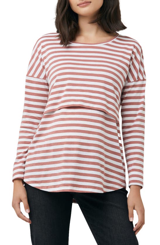 Ripe Maternity Maternity Lionel Long Sleeve St Nursing Tee Blush / White In Brown Multi
