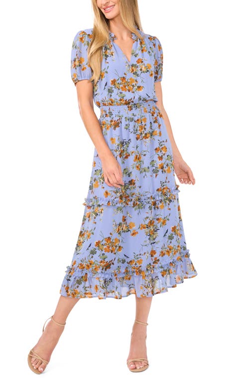 Shop Cece Floral Ruffle Smocked Midi Dress In Blue Blossom