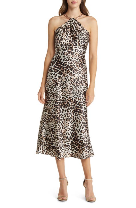 Leopard Print Chain Halter Neck Dress