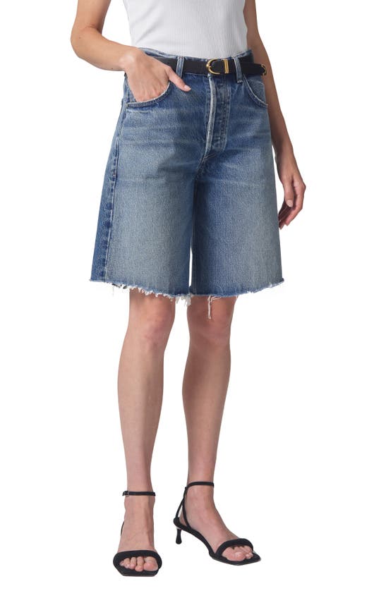 Shop Citizens Of Humanity Ayla Frayed High Waist Baggy Long Denim Shorts In Maxwell