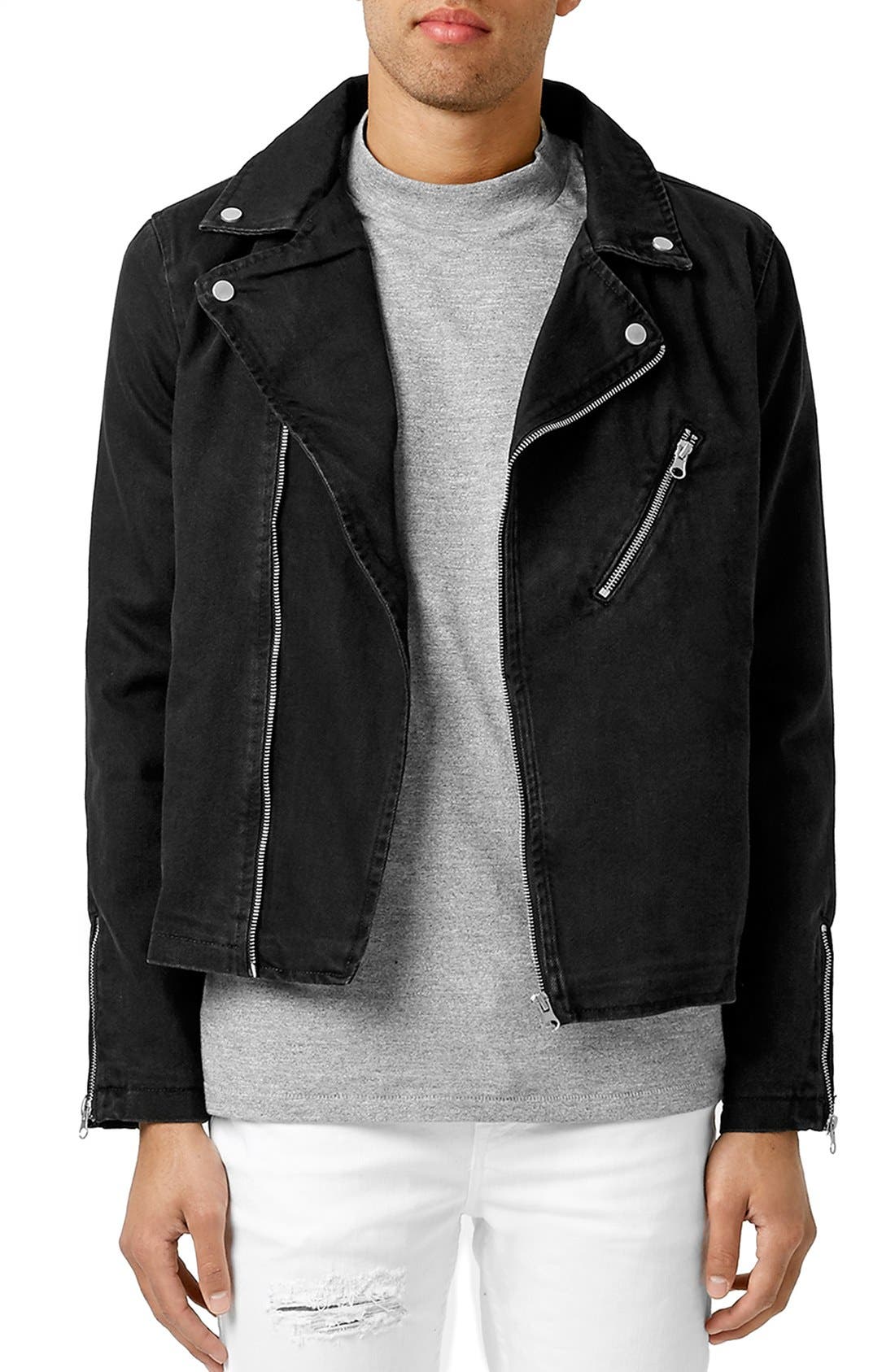 black denim motorcycle jacket