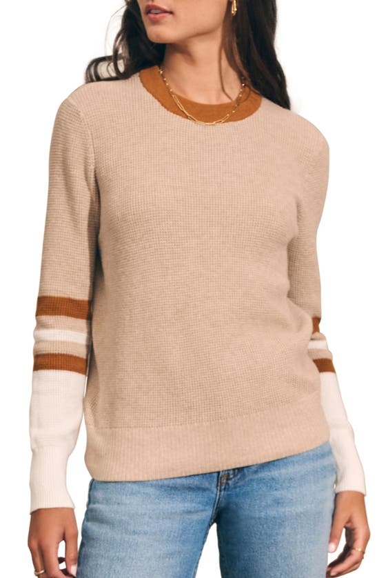 Faherty Throwback Stripe Sleeve Organic Cotton & Cashmere Crewneck Top In Oat Varsity