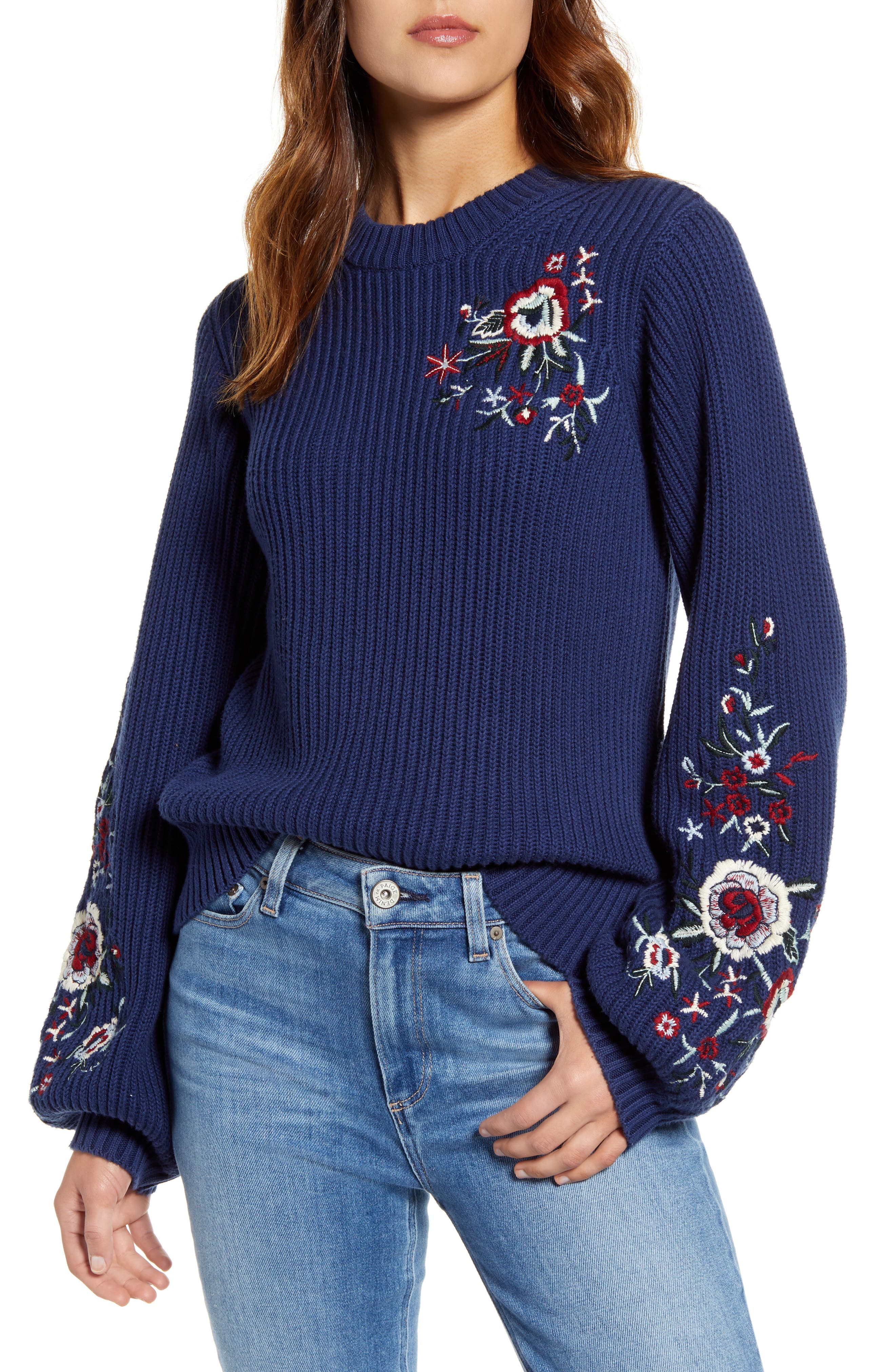 Lucky Brand Embroidered Sleeve Rib Sweater Nordstrom