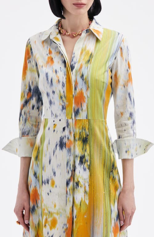 OSCAR DE LA RENTA OSCAR DE LA RENTA ABSTRACT BRUSHSTROKE PRINT LONG SLEEVE MIDI SHIRTDRESS 