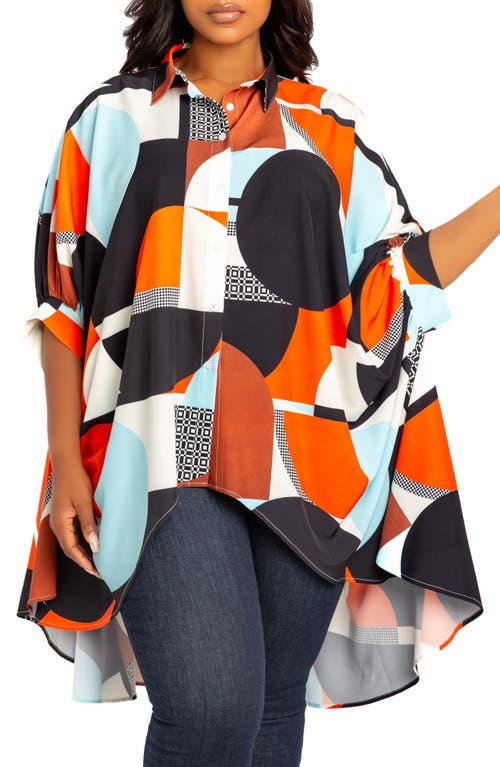 Buxom Couture Mixed Geo Print High-low Button-up Shirt In Orange Multi