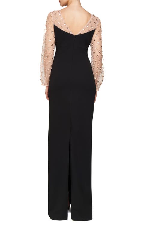 JS COLLECTIONS JS COLLECTIONS RISHA METALLIC FLORAL APPLIQUÉ DETAIL LONG SLEEVE CREPE COLUMN GOWN 