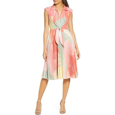 Maison Tara Sunburst Tie Front A-Line Dress, Coral