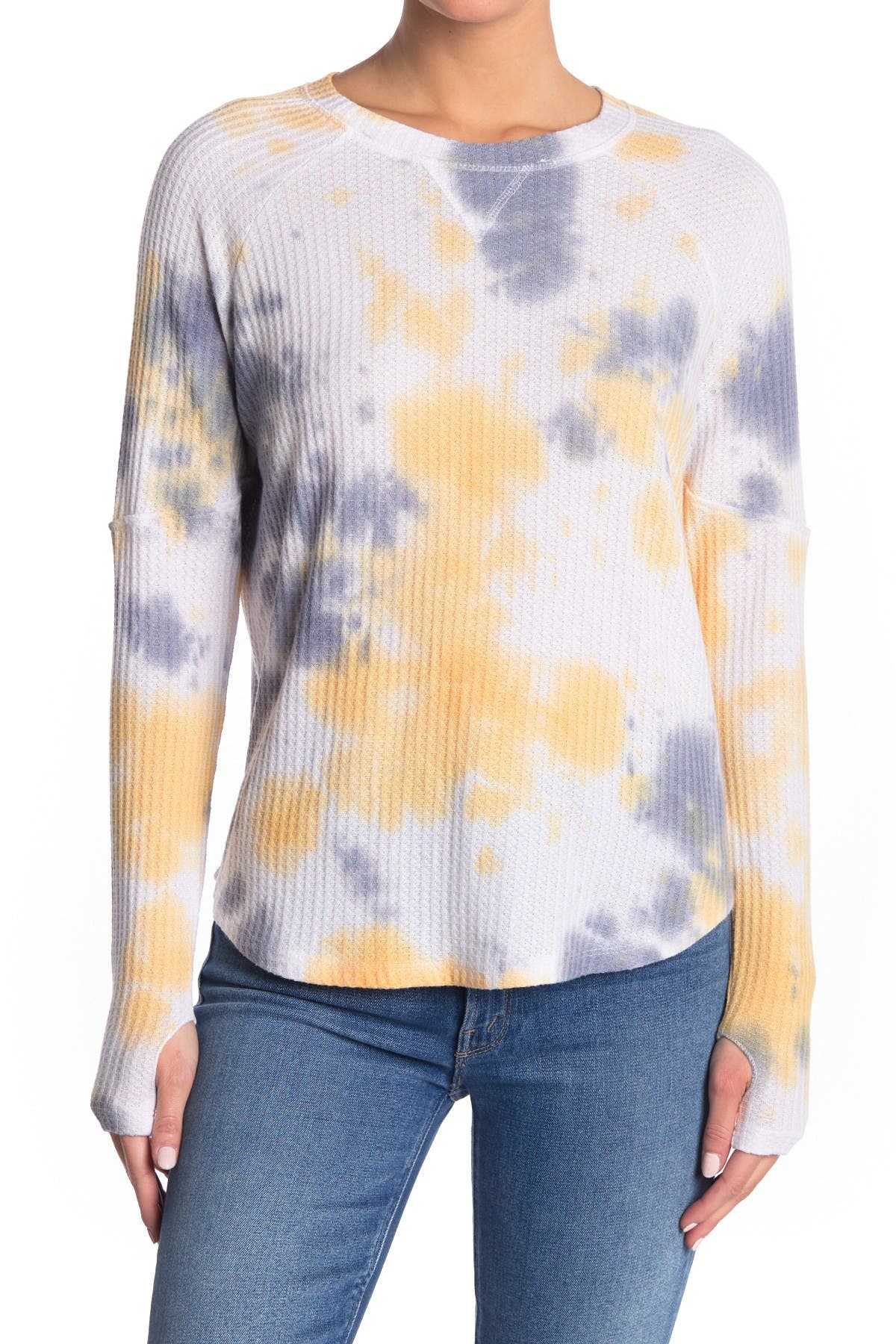 Sweet Romeo Tie Dye Thermal Thumbhole Shirt In Open White16