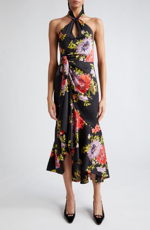 Cinq à Sept Josie Floral Print Halter High-Low Maxi Dress in Black Multi