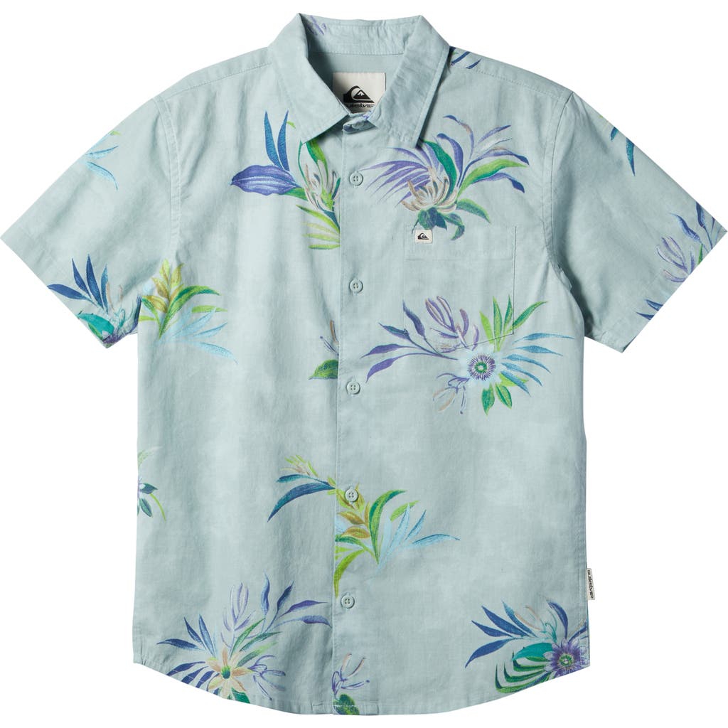 Quiksilver Kids' Aero Tropic Fever Floral Short Sleeve Button-up Shirt In Winter Sky