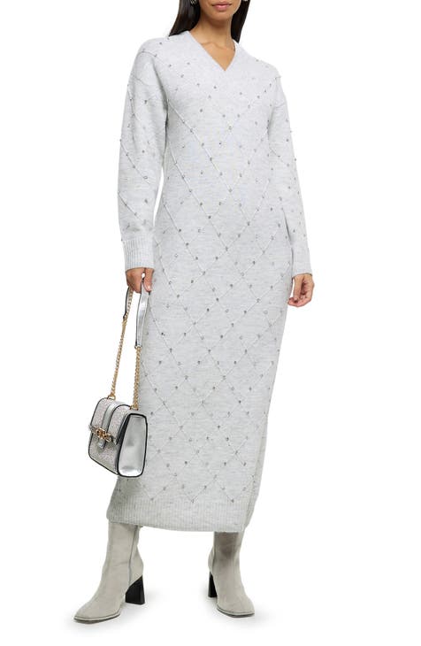 Leonie Rhinestone Embellished Long Sleeve Midi Sweater Dress